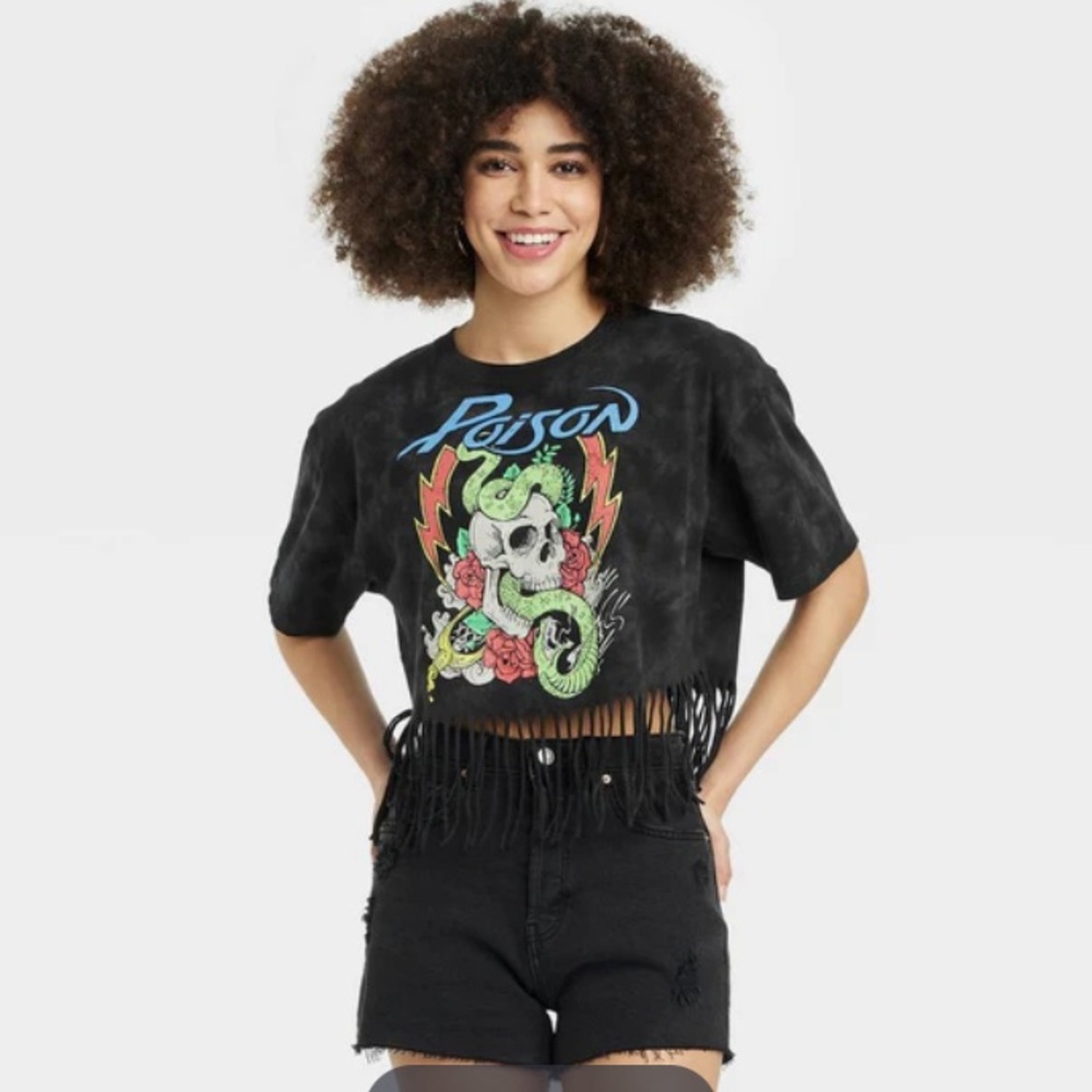 NWOT - WOMEN'S POISON SHORT SLEEVE GRAPHIC FRINGE T-SHIRT GRAY TIE-DYE - MEDIUM